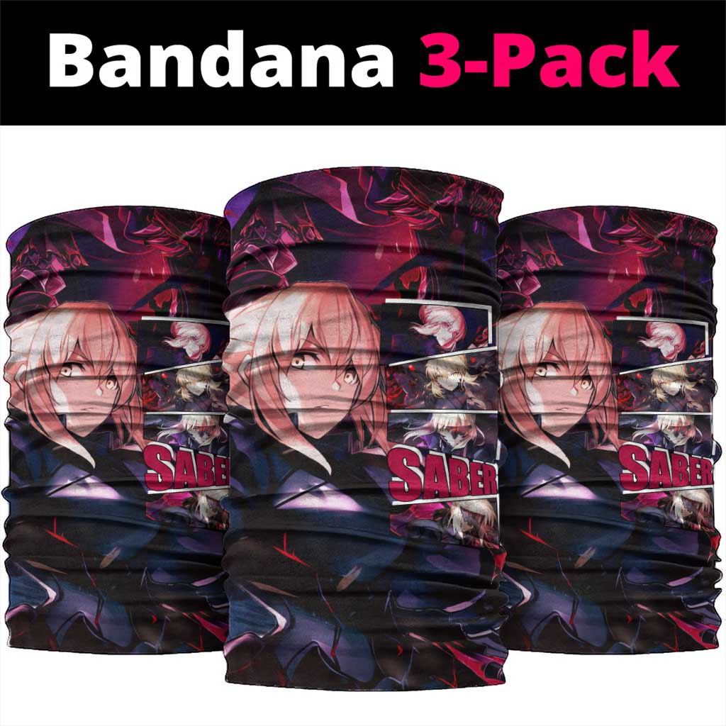 Saber Artoria Pendragon Dark Armor Theme Neck Gaiter with Red and Purple Abstract Background Design - The Mazicc
