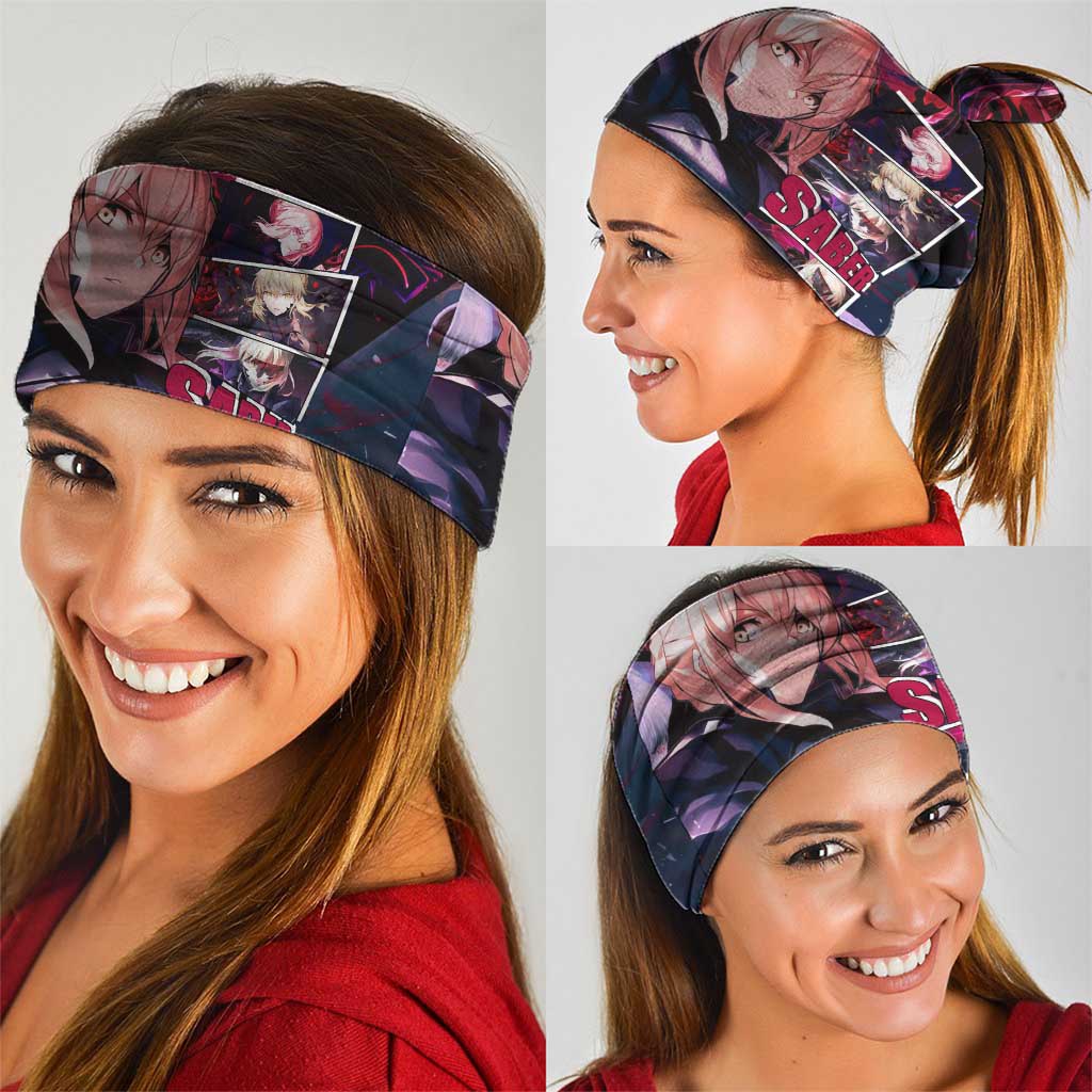Saber Artoria Pendragon Dark Armor Theme Neck Gaiter with Red and Purple Abstract Background Design - The Mazicc