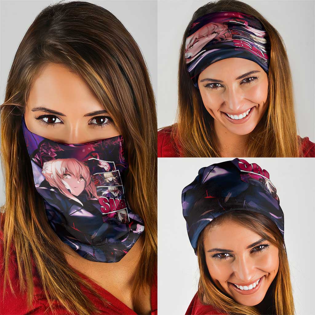 Saber Artoria Pendragon Dark Armor Theme Neck Gaiter with Red and Purple Abstract Background Design - The Mazicc
