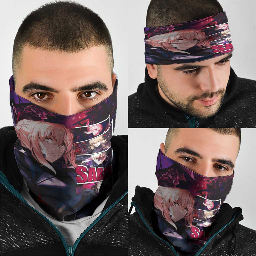 Saber Artoria Pendragon Dark Armor Theme Neck Gaiter with Red and Purple Abstract Background Design - The Mazicc