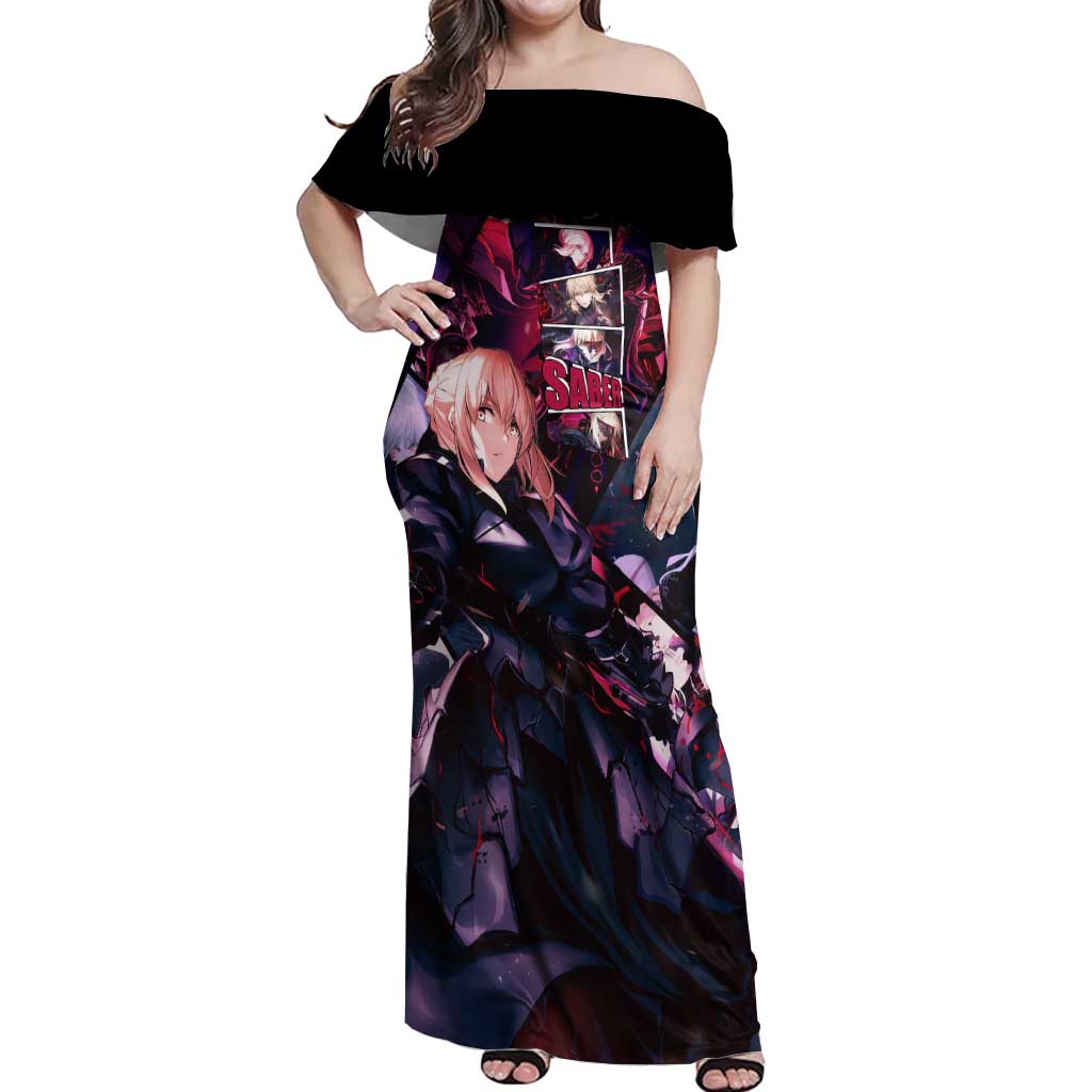 Saber Artoria Pendragon Dark Armor Theme Off Shoulder Maxi Dress with Red and Purple Abstract Background Design - The Mazicc