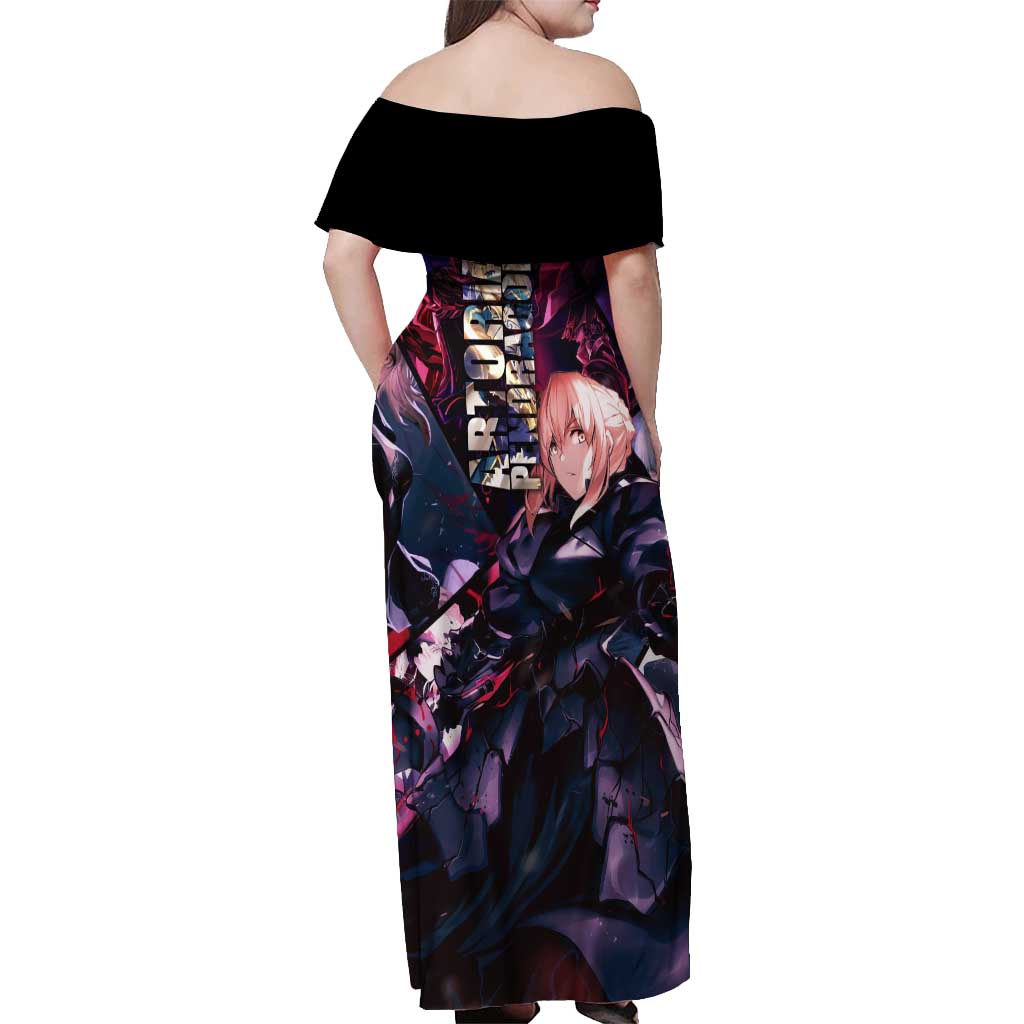 Saber Artoria Pendragon Dark Armor Theme Off Shoulder Maxi Dress with Red and Purple Abstract Background Design - The Mazicc