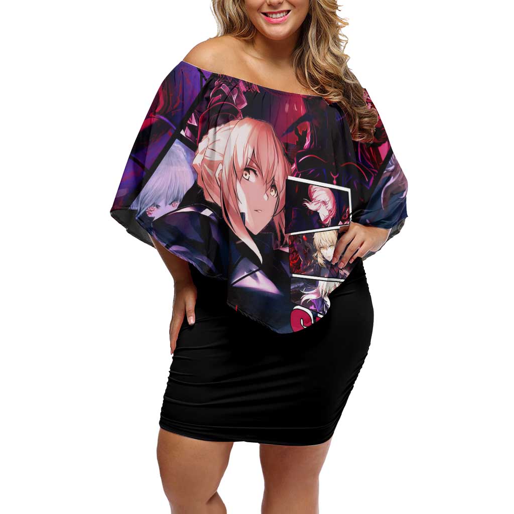 Saber Artoria Pendragon Dark Armor Theme Off Shoulder Short Dress with Red and Purple Abstract Background Design - The Mazicc