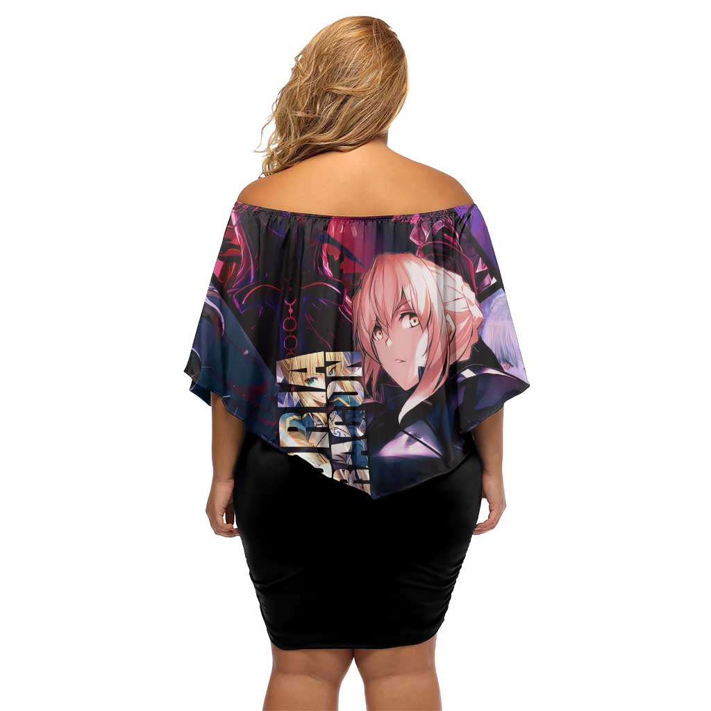 Saber Artoria Pendragon Dark Armor Theme Off Shoulder Short Dress with Red and Purple Abstract Background Design - The Mazicc