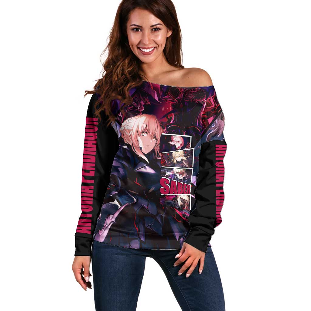 Saber Artoria Pendragon Dark Armor Theme Off Shoulder Sweater with Red and Purple Abstract Background Design - The Mazicc