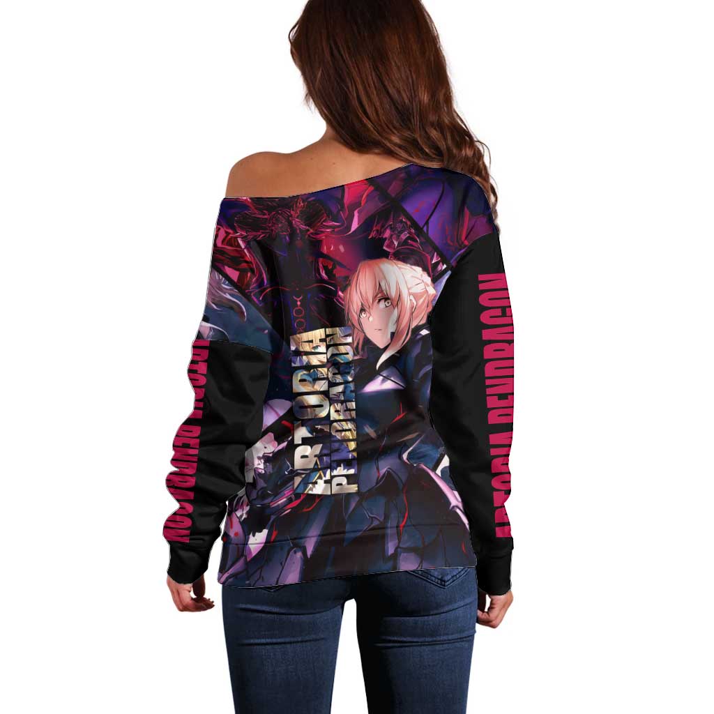 Saber Artoria Pendragon Dark Armor Theme Off Shoulder Sweater with Red and Purple Abstract Background Design - The Mazicc