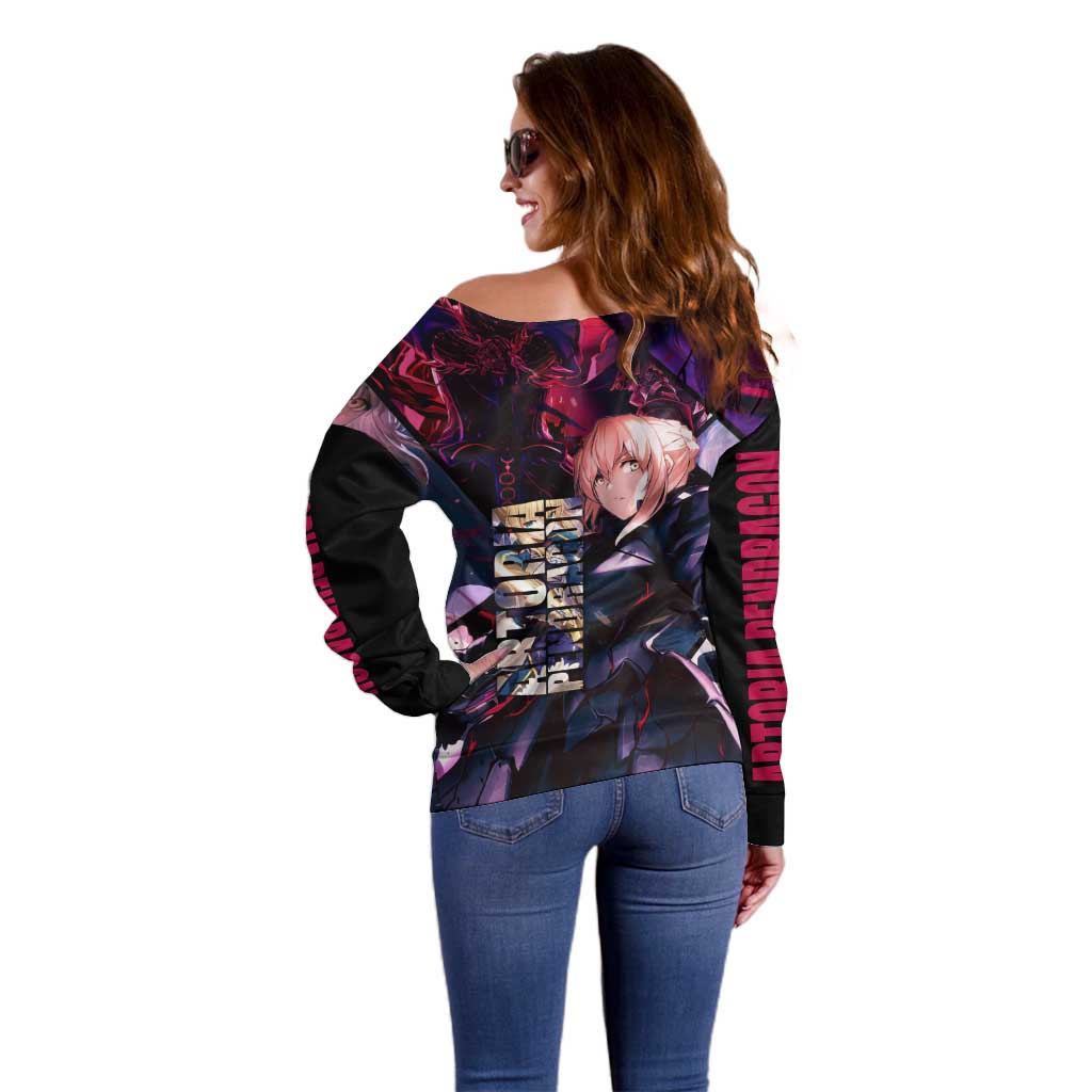 Saber Artoria Pendragon Dark Armor Theme Off Shoulder Sweater with Red and Purple Abstract Background Design - The Mazicc