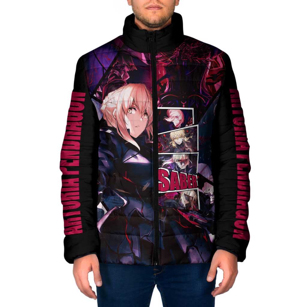 Saber Artoria Pendragon Dark Armor Theme Padded Jacket with Red and Purple Abstract Background Design - The Mazicc