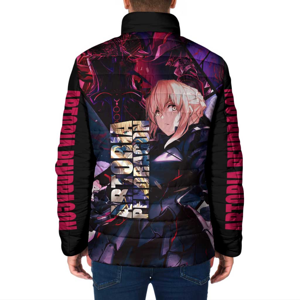 Saber Artoria Pendragon Dark Armor Theme Padded Jacket with Red and Purple Abstract Background Design - The Mazicc