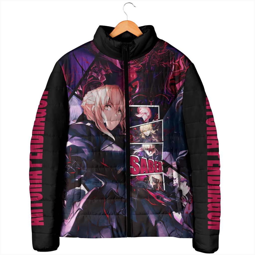 Saber Artoria Pendragon Dark Armor Theme Padded Jacket with Red and Purple Abstract Background Design - The Mazicc