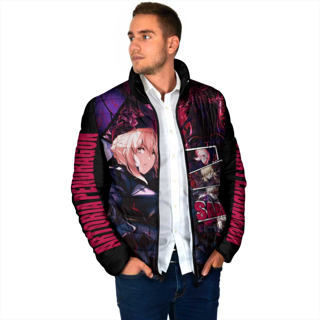 Saber Artoria Pendragon Dark Armor Theme Padded Jacket with Red and Purple Abstract Background Design - The Mazicc