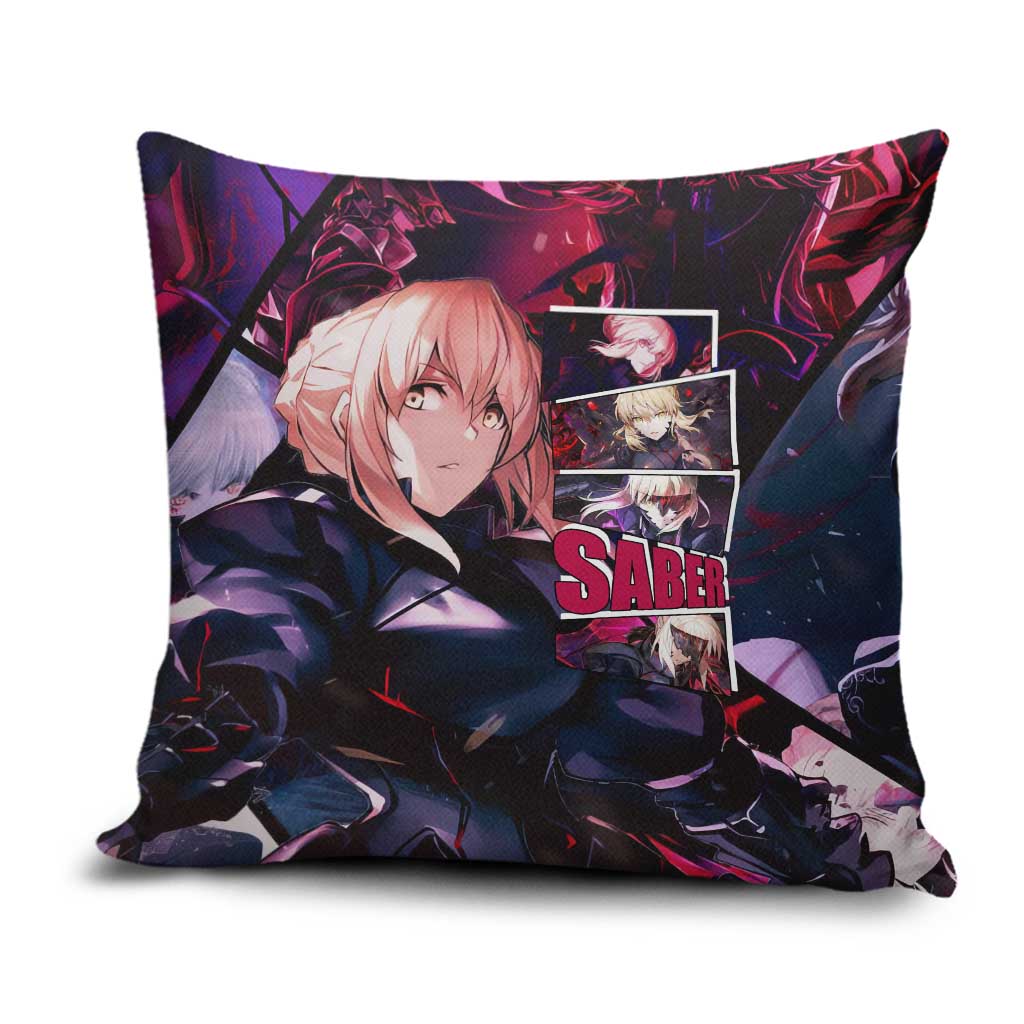 Saber Artoria Pendragon Dark Armor Theme Pillow Cover with Red and Purple Abstract Background Design - The Mazicc
