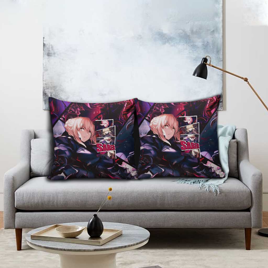Saber Artoria Pendragon Dark Armor Theme Pillow Cover with Red and Purple Abstract Background Design - The Mazicc