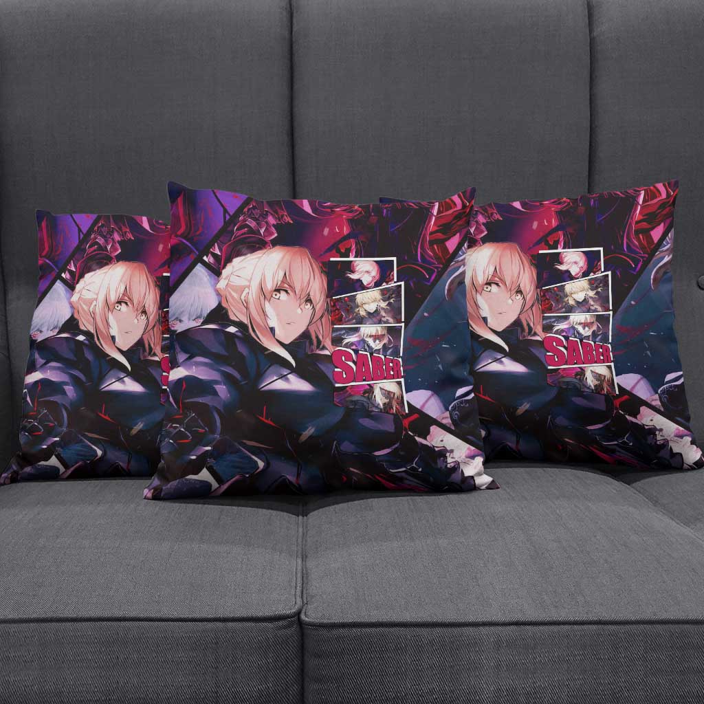 Saber Artoria Pendragon Dark Armor Theme Pillow Cover with Red and Purple Abstract Background Design - The Mazicc