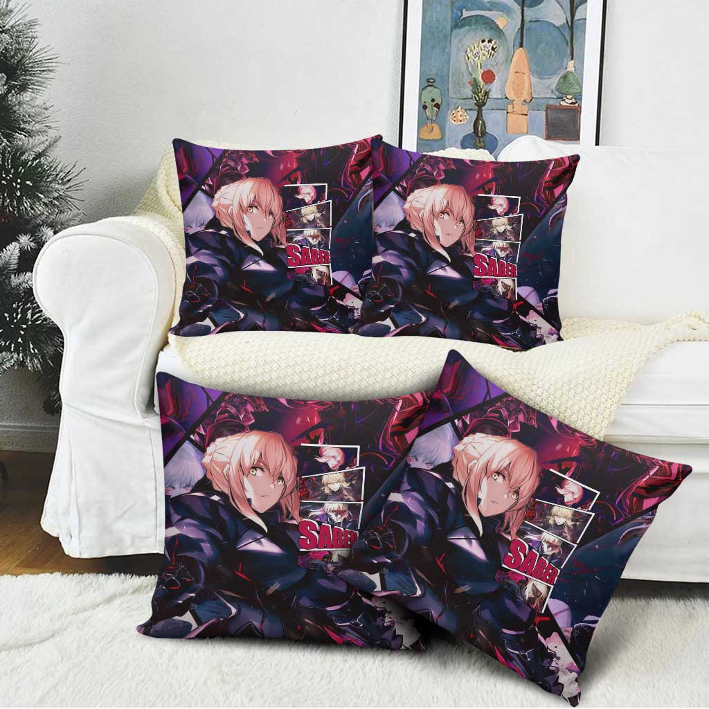 Saber Artoria Pendragon Dark Armor Theme Pillow Cover with Red and Purple Abstract Background Design - The Mazicc