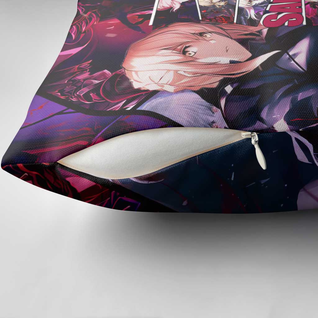 Saber Artoria Pendragon Dark Armor Theme Pillow Cover with Red and Purple Abstract Background Design - The Mazicc