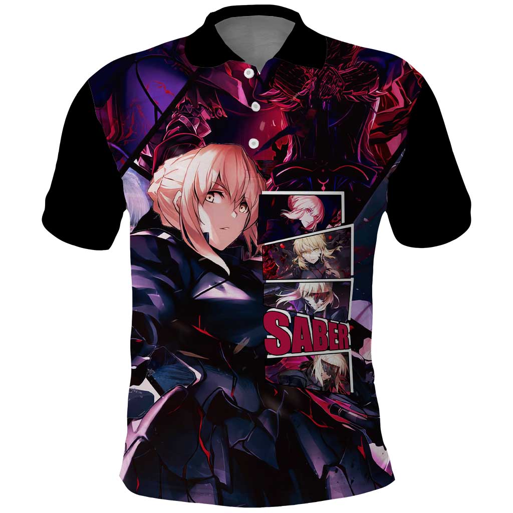 Saber Artoria Pendragon Dark Armor Theme Polo Shirt with Red and Purple Abstract Background Design - The Mazicc