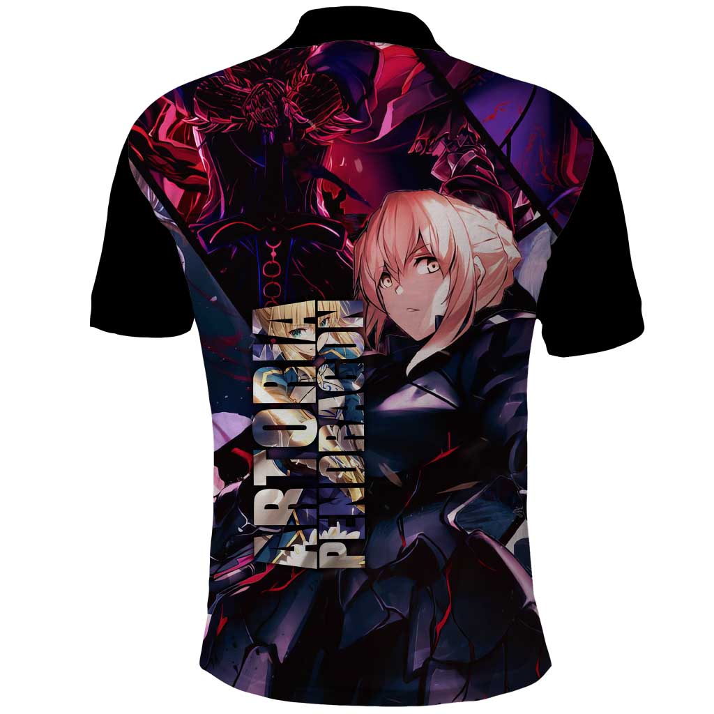 Saber Artoria Pendragon Dark Armor Theme Polo Shirt with Red and Purple Abstract Background Design - The Mazicc