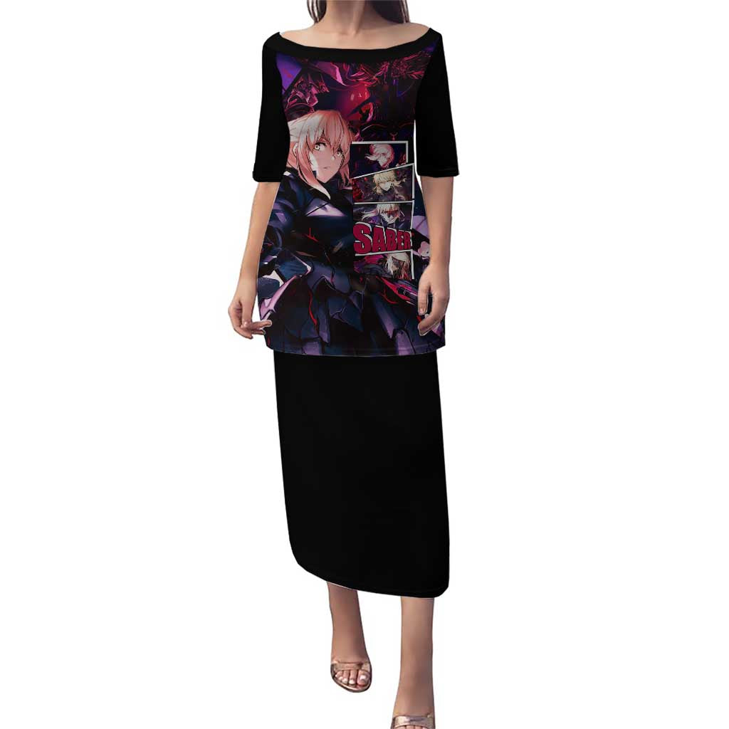 Saber Artoria Pendragon Dark Armor Theme Puletasi with Red and Purple Abstract Background Design - The Mazicc