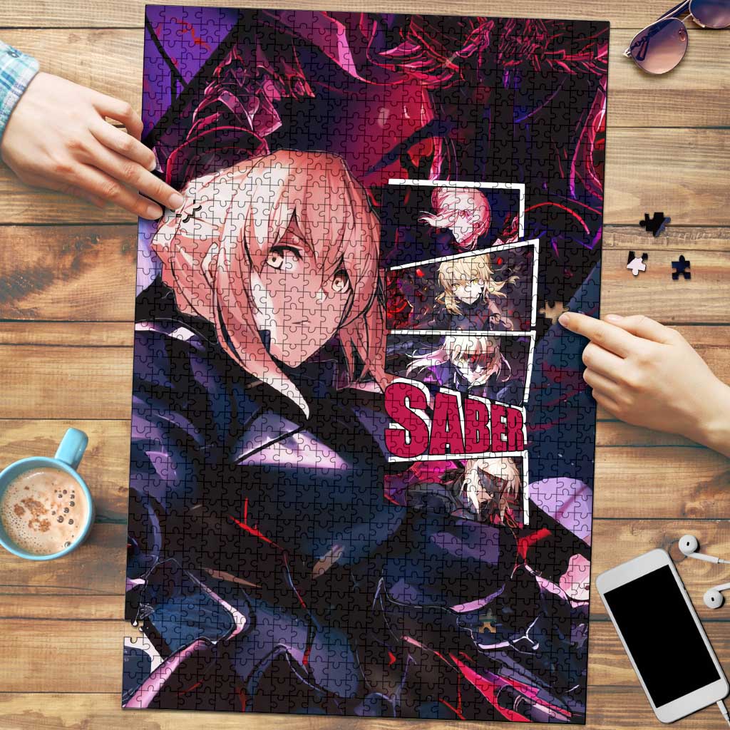 Saber Artoria Pendragon Dark Armor Theme Puzzle with Red and Purple Abstract Background Design - The Mazicc