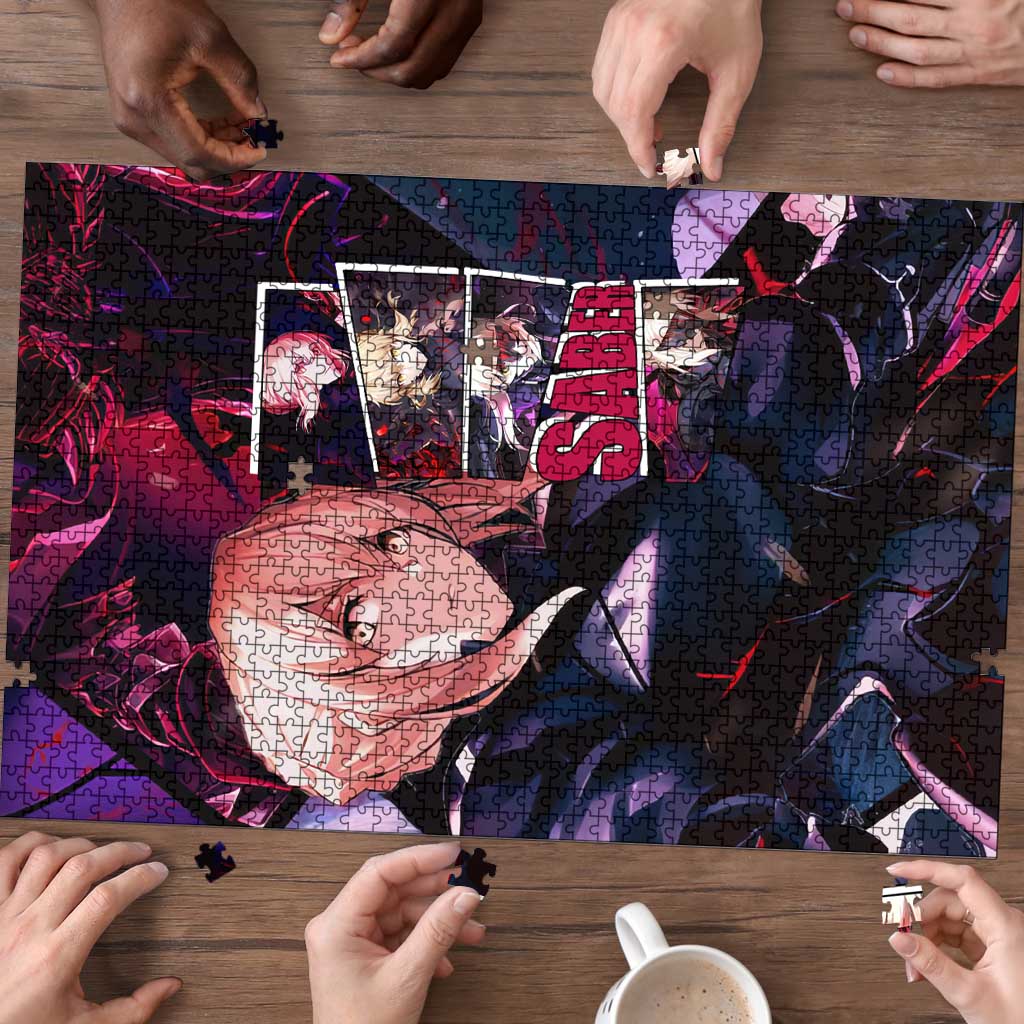 Saber Artoria Pendragon Dark Armor Theme Puzzle with Red and Purple Abstract Background Design - The Mazicc