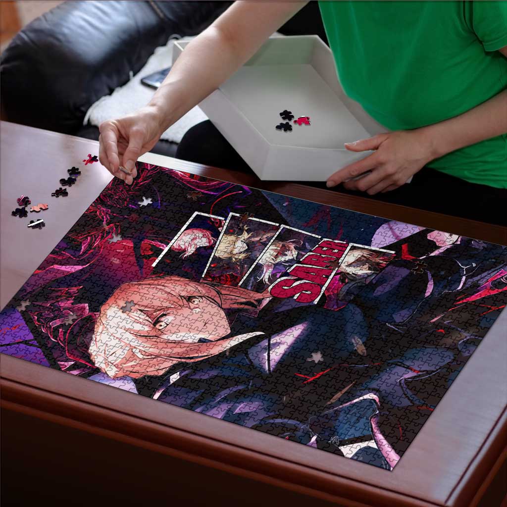 Saber Artoria Pendragon Dark Armor Theme Puzzle with Red and Purple Abstract Background Design - The Mazicc