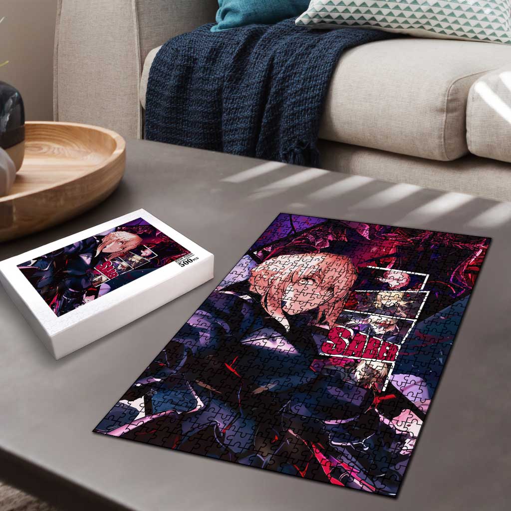 Saber Artoria Pendragon Dark Armor Theme Puzzle with Red and Purple Abstract Background Design - The Mazicc