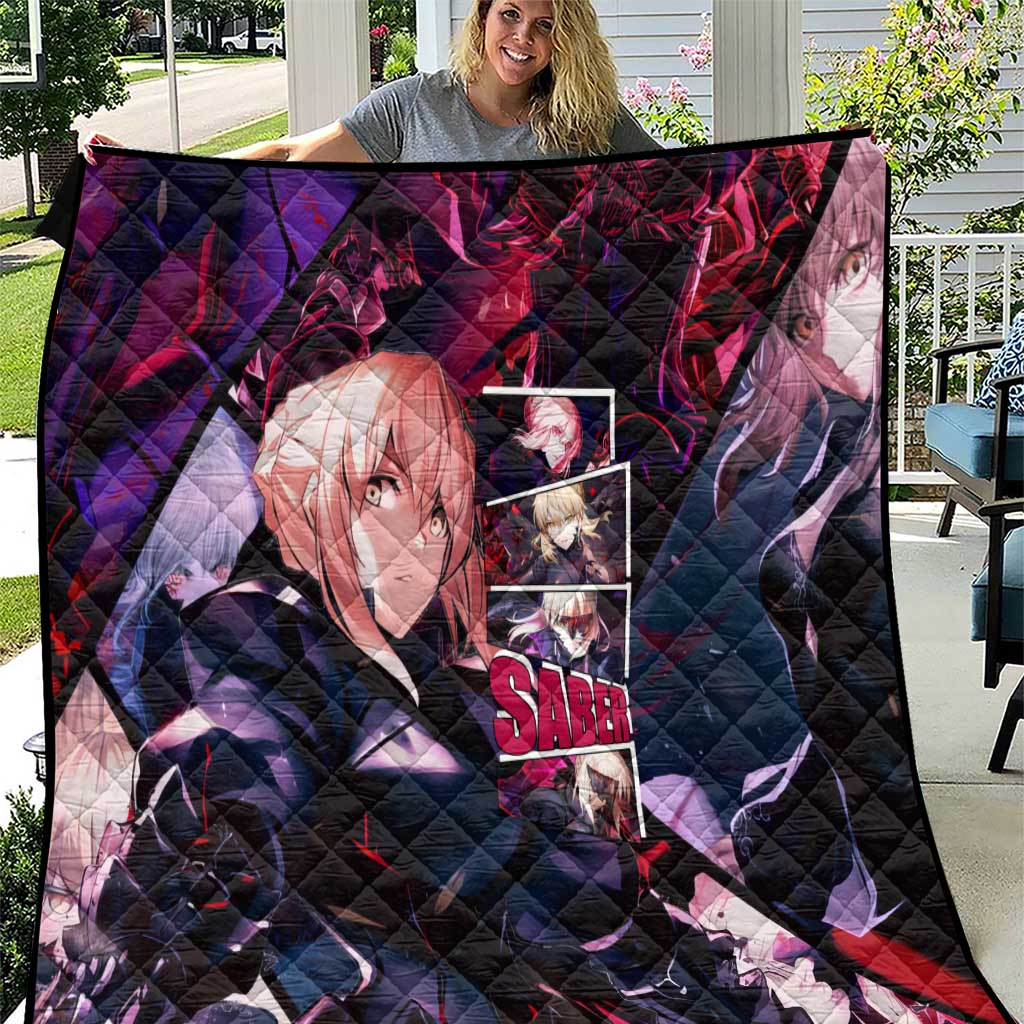 Saber Artoria Pendragon Dark Armor Theme Quilt with Red and Purple Abstract Background Design - The Mazicc