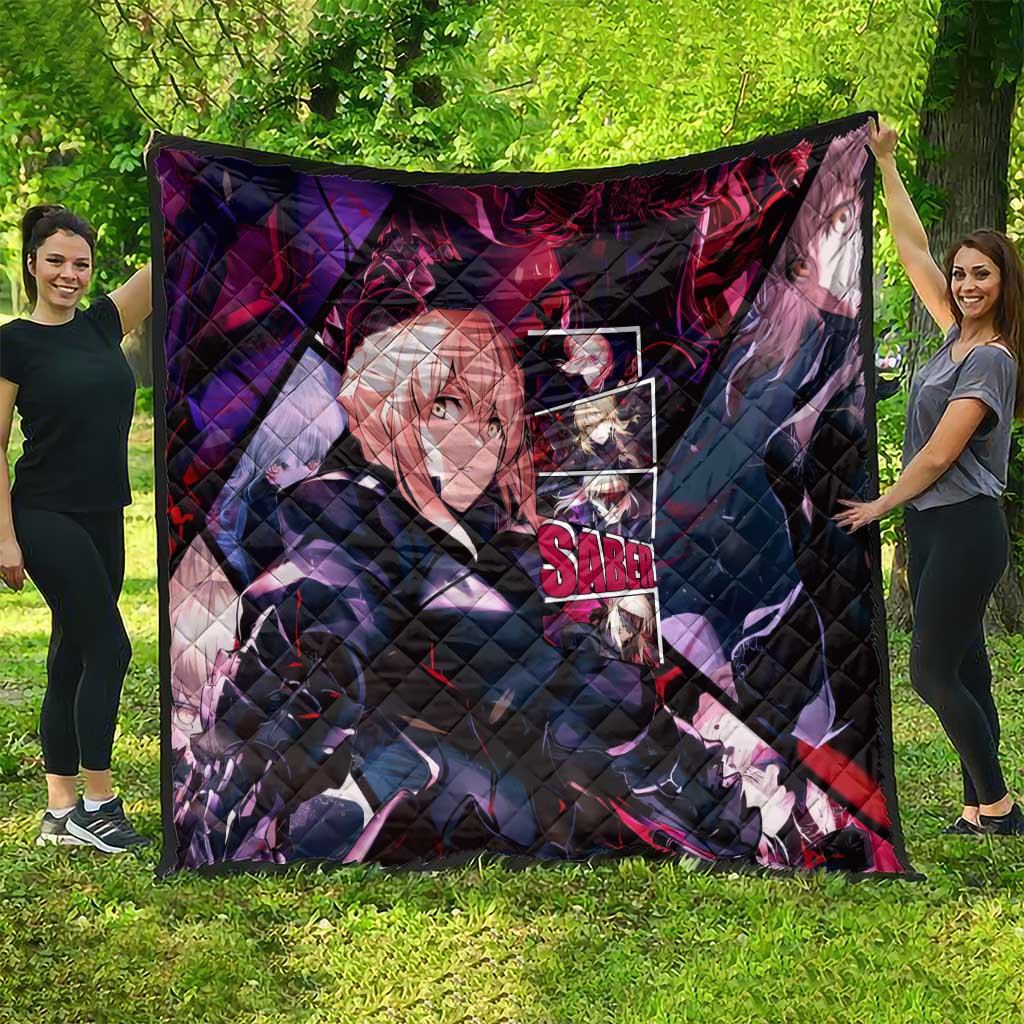 Saber Artoria Pendragon Dark Armor Theme Quilt with Red and Purple Abstract Background Design - The Mazicc