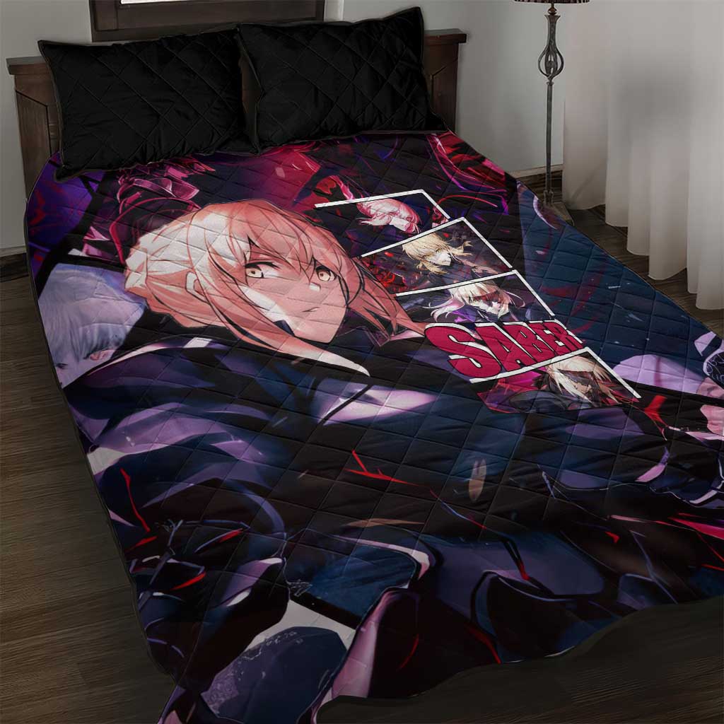 Saber Artoria Pendragon Dark Armor Theme Quilt Bed Set with Red and Purple Abstract Background Design - The Mazicc
