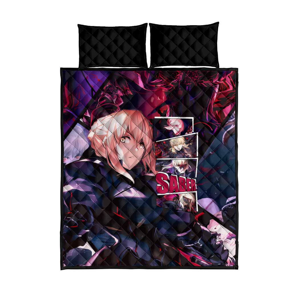 Saber Artoria Pendragon Dark Armor Theme Quilt Bed Set with Red and Purple Abstract Background Design - The Mazicc