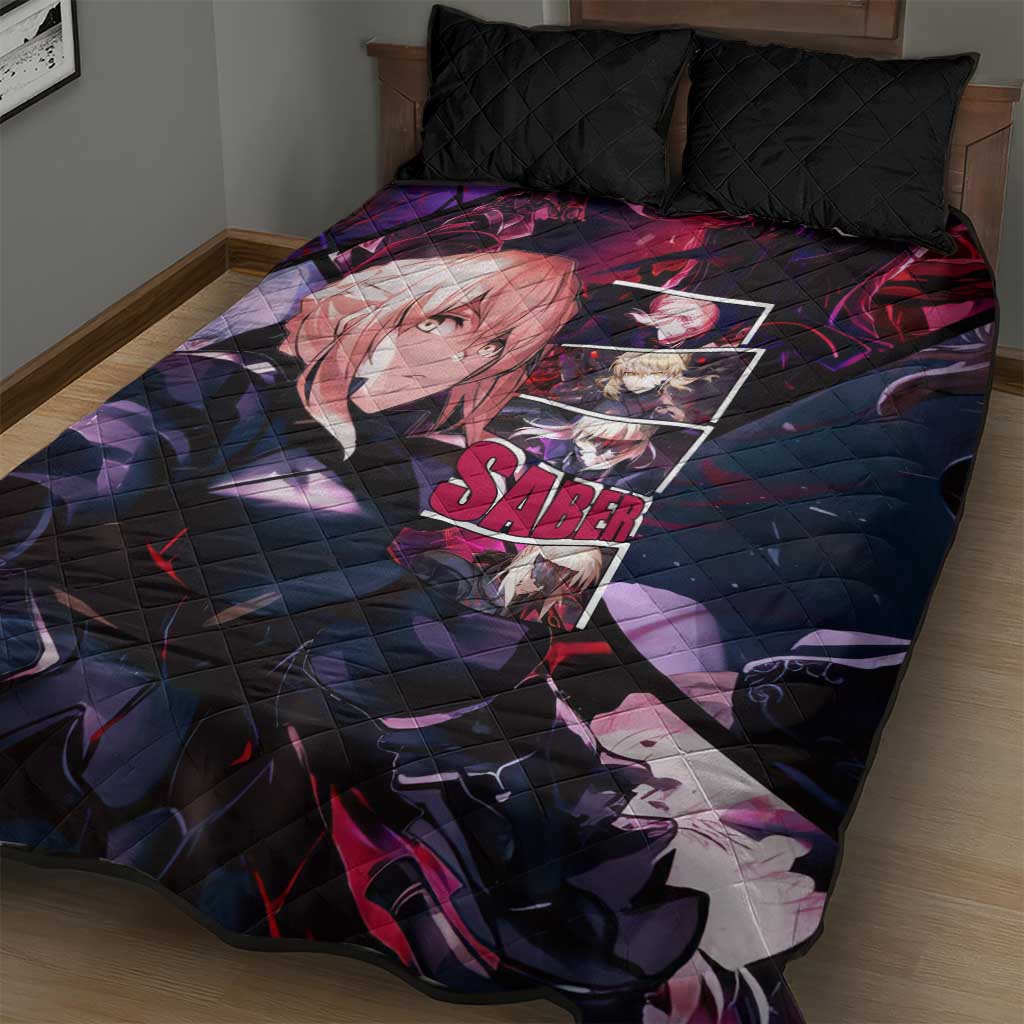 Saber Artoria Pendragon Dark Armor Theme Quilt Bed Set with Red and Purple Abstract Background Design - The Mazicc