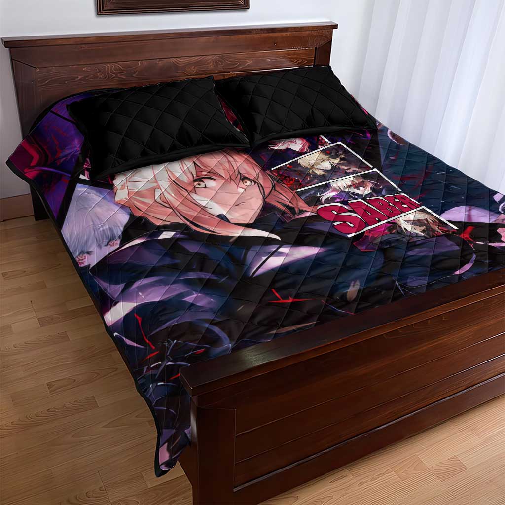 Saber Artoria Pendragon Dark Armor Theme Quilt Bed Set with Red and Purple Abstract Background Design - The Mazicc