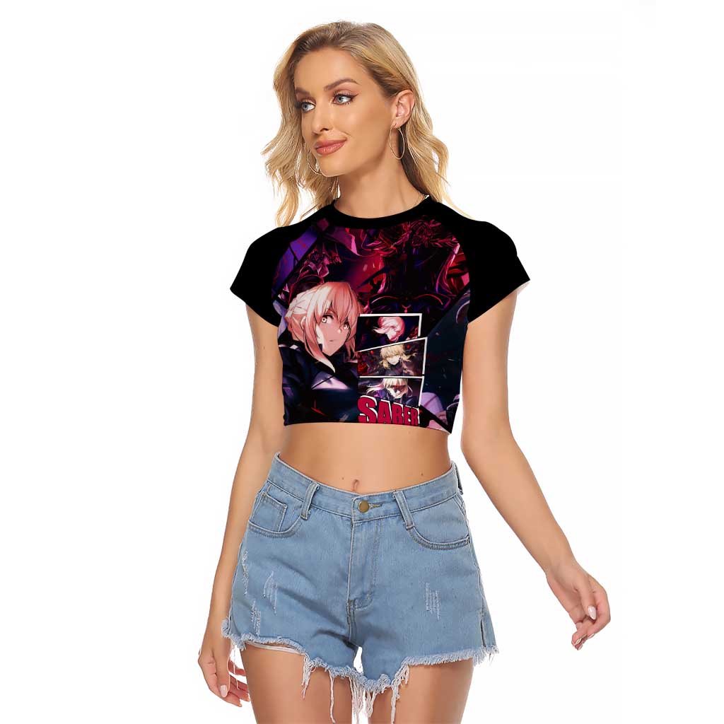 Saber Artoria Pendragon Dark Armor Theme Raglan Cropped T Shirt with Red and Purple Abstract Background Design - The Mazicc