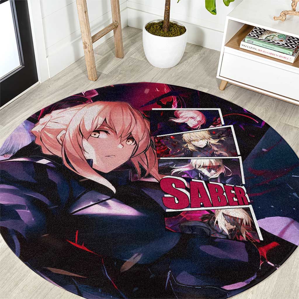 Saber Artoria Pendragon Dark Armor Theme Round Carpet with Red and Purple Abstract Background Design - The Mazicc
