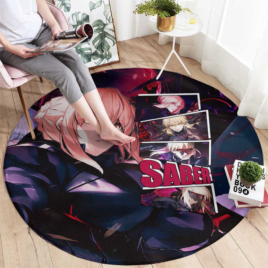 Saber Artoria Pendragon Dark Armor Theme Round Carpet with Red and Purple Abstract Background Design - The Mazicc