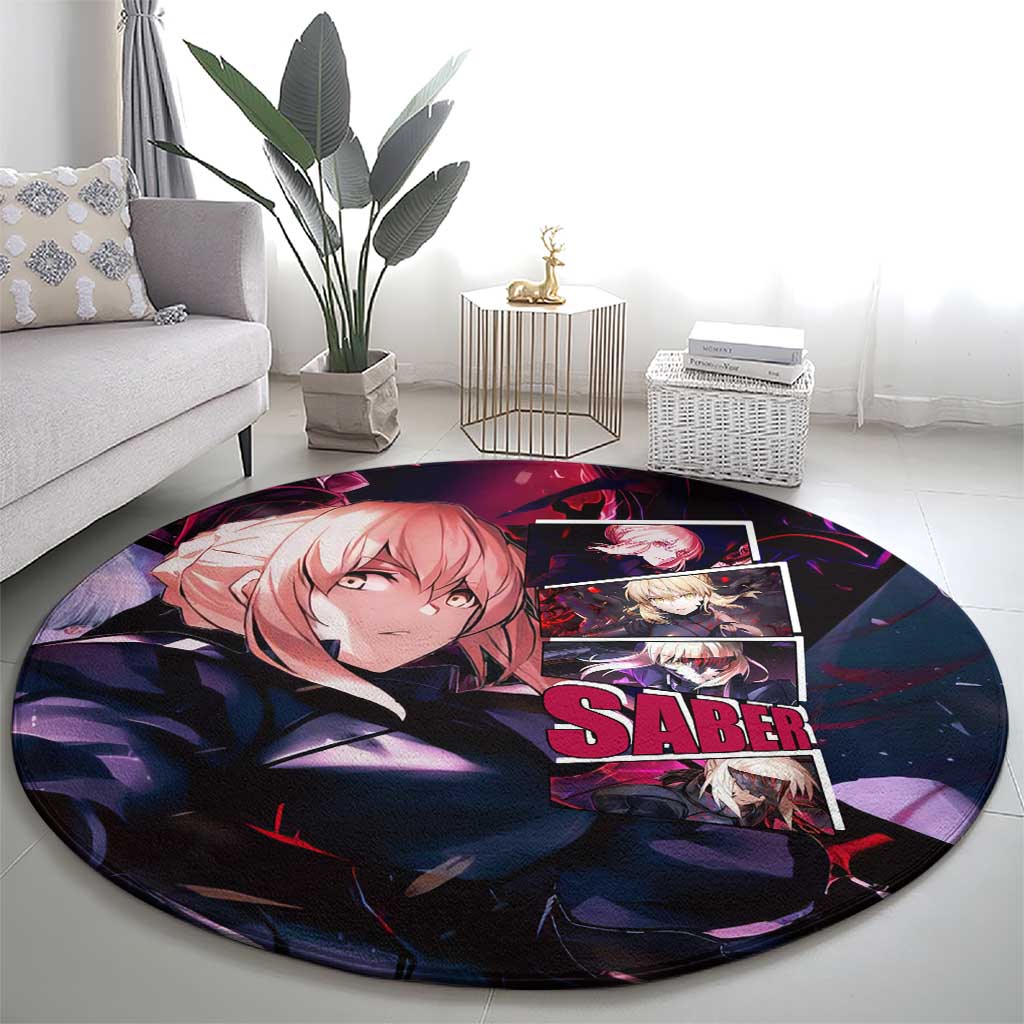 Saber Artoria Pendragon Dark Armor Theme Round Carpet with Red and Purple Abstract Background Design - The Mazicc