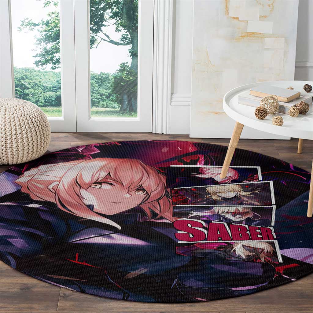 Saber Artoria Pendragon Dark Armor Theme Round Carpet with Red and Purple Abstract Background Design - The Mazicc