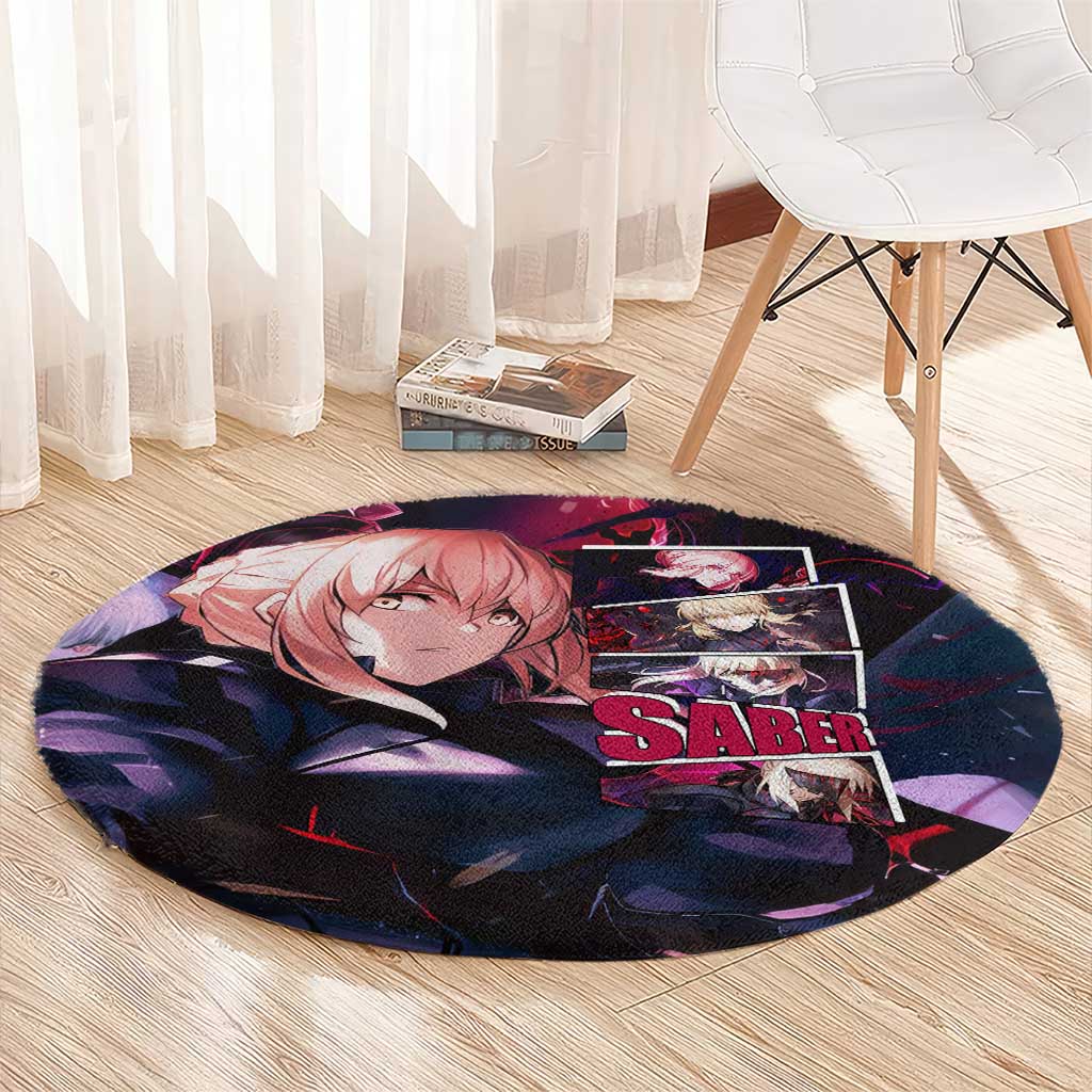 Saber Artoria Pendragon Dark Armor Theme Round Carpet with Red and Purple Abstract Background Design - The Mazicc