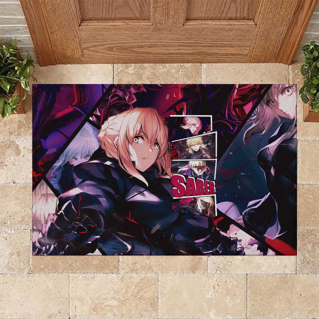 Saber Artoria Pendragon Dark Armor Theme Rubber Doormat with Red and Purple Abstract Background Design - The Mazicc