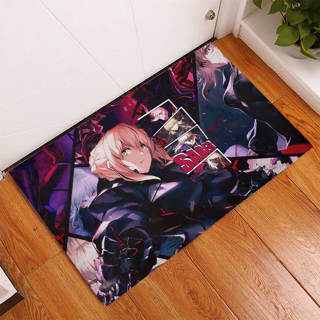 Saber Artoria Pendragon Dark Armor Theme Rubber Doormat with Red and Purple Abstract Background Design - The Mazicc