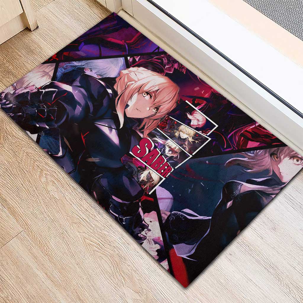 Saber Artoria Pendragon Dark Armor Theme Rubber Doormat with Red and Purple Abstract Background Design - The Mazicc