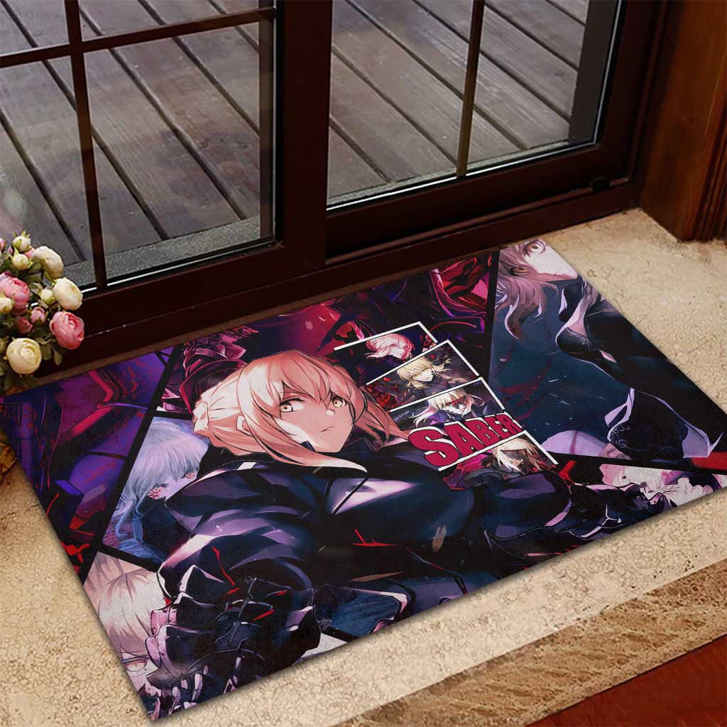 Saber Artoria Pendragon Dark Armor Theme Rubber Doormat with Red and Purple Abstract Background Design - The Mazicc