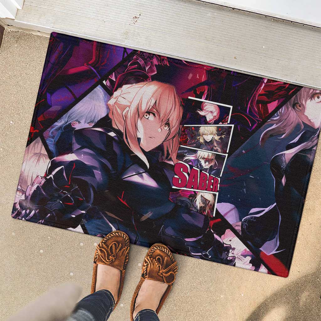 Saber Artoria Pendragon Dark Armor Theme Rubber Doormat with Red and Purple Abstract Background Design - The Mazicc