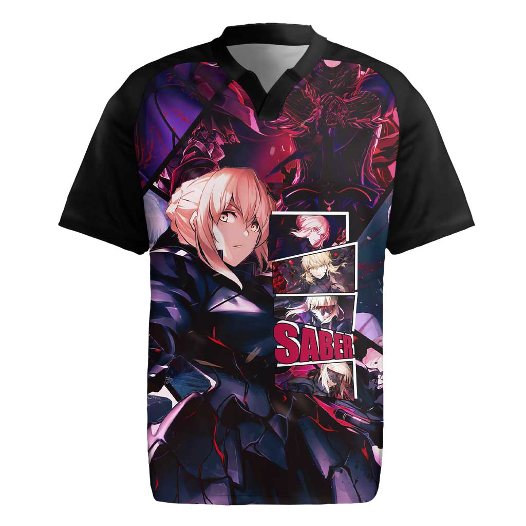 Saber Artoria Pendragon Dark Armor Theme Rugby Jersey with Red and Purple Abstract Background Design - The Mazicc