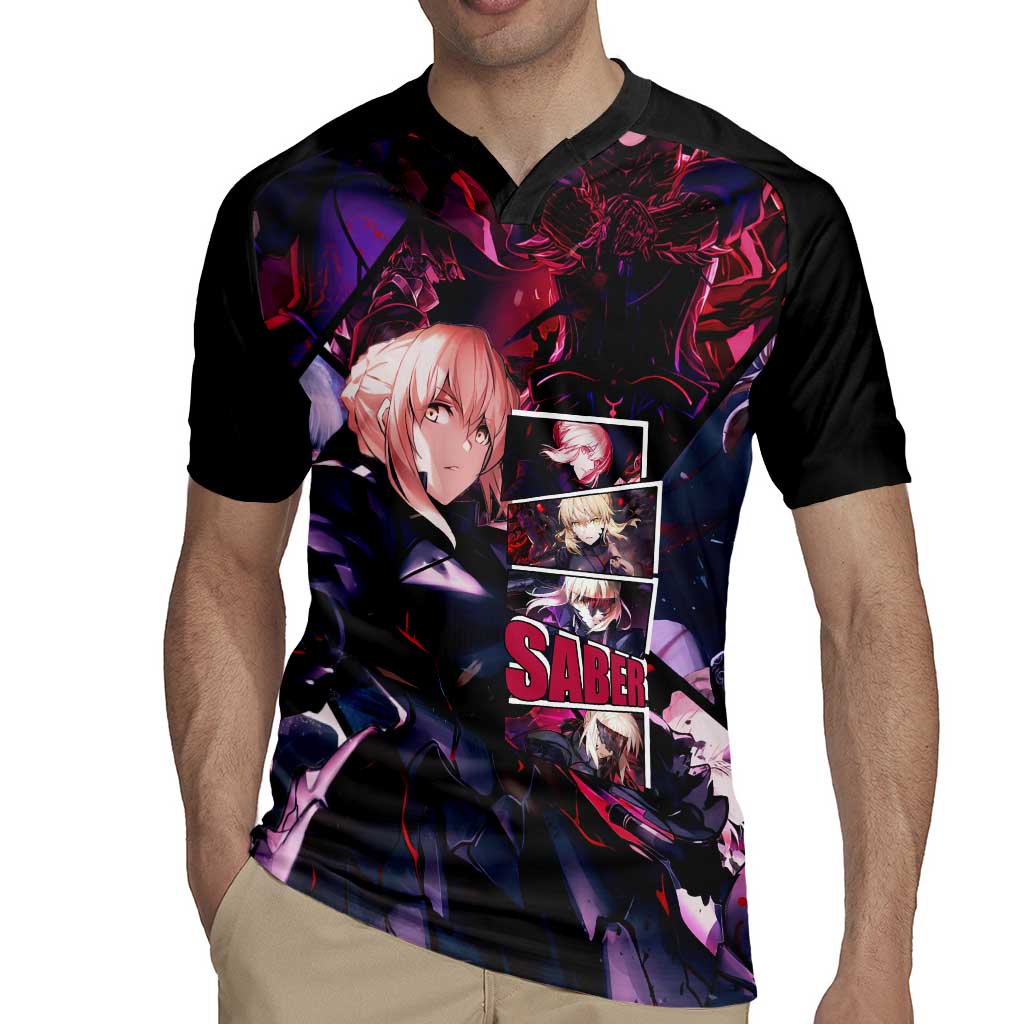 Saber Artoria Pendragon Dark Armor Theme Rugby Jersey with Red and Purple Abstract Background Design - The Mazicc
