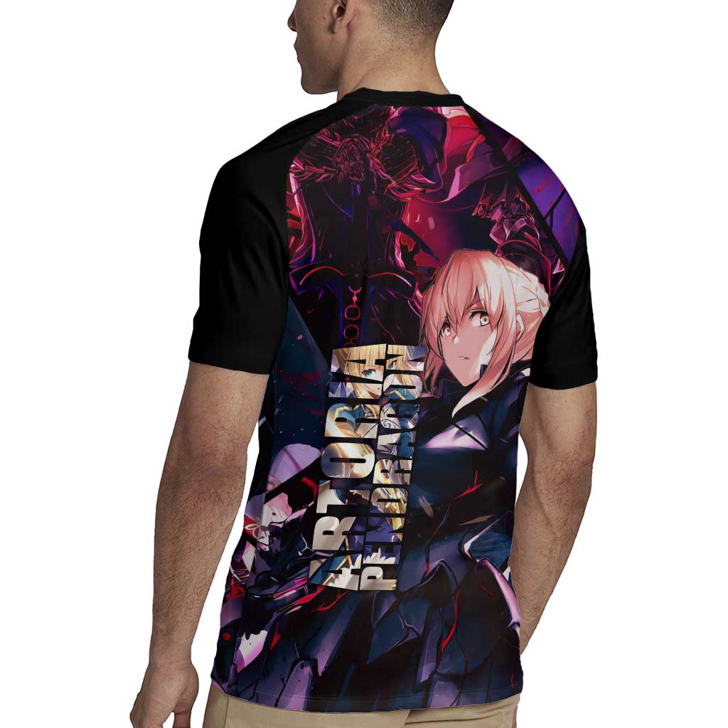 Saber Artoria Pendragon Dark Armor Theme Rugby Jersey with Red and Purple Abstract Background Design - The Mazicc