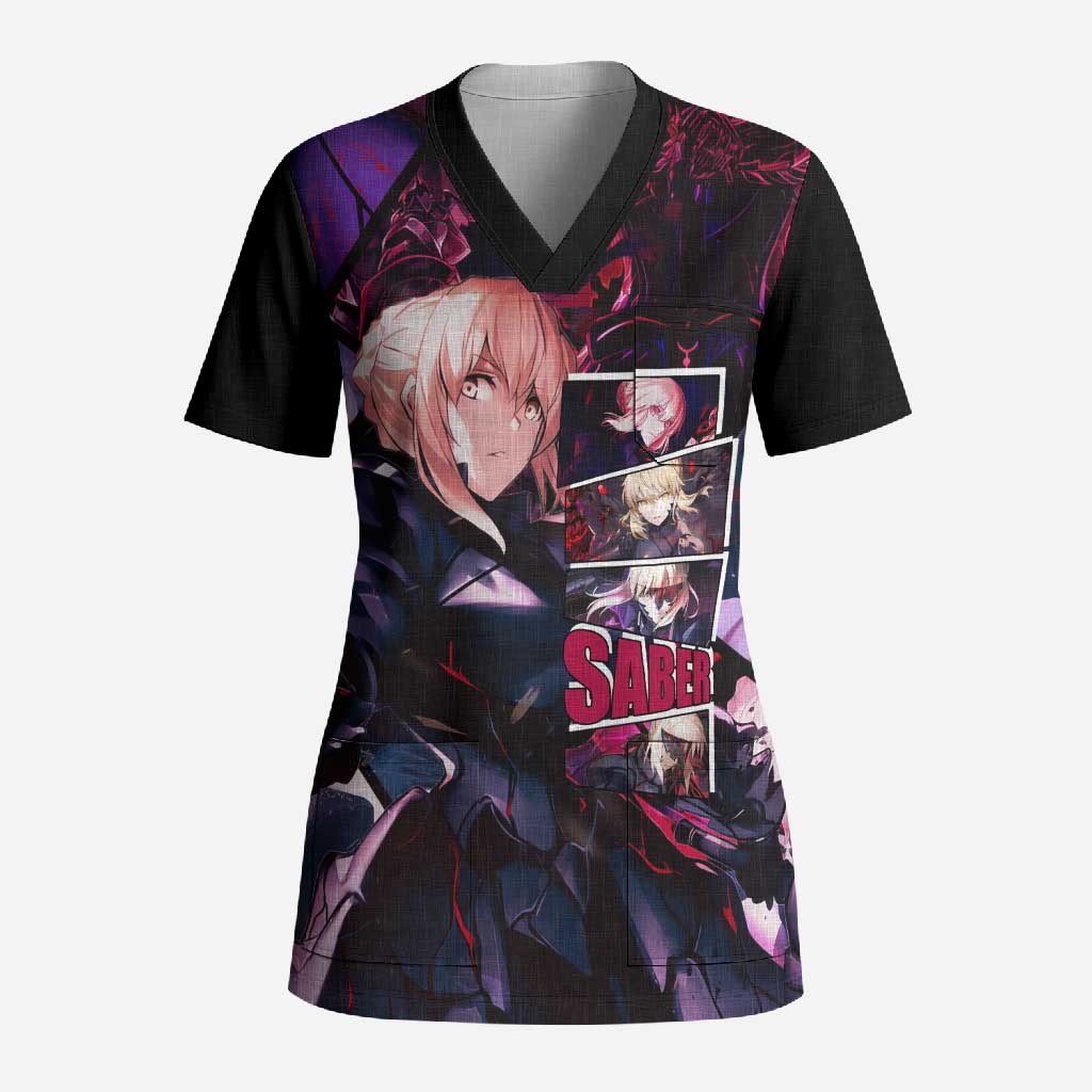 Saber Artoria Pendragon Dark Armor Theme Scrub Top with Red and Purple Abstract Background Design - The Mazicc