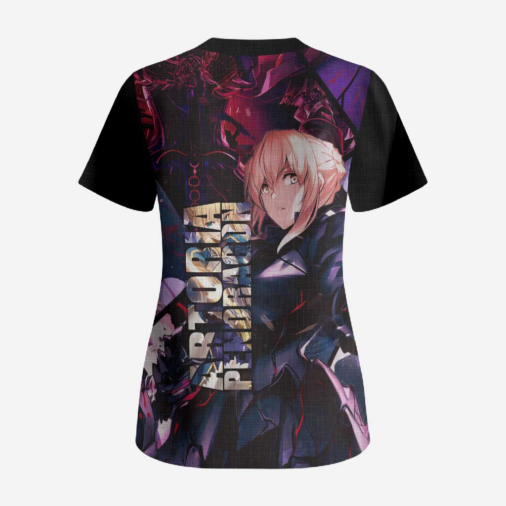 Saber Artoria Pendragon Dark Armor Theme Scrub Top with Red and Purple Abstract Background Design - The Mazicc