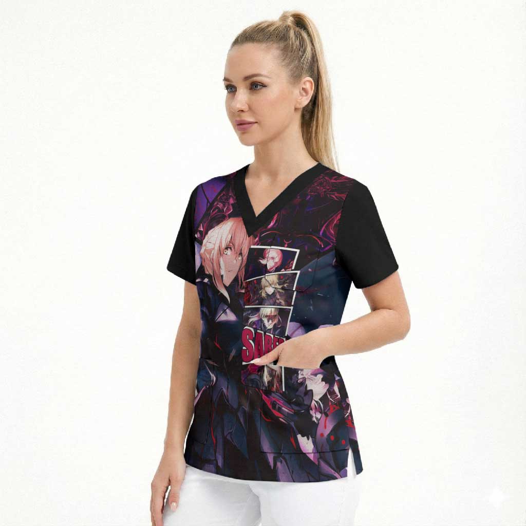 Saber Artoria Pendragon Dark Armor Theme Scrub Top with Red and Purple Abstract Background Design - The Mazicc